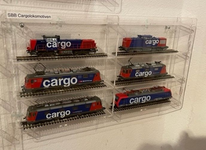 Kundenfoto: Schweizer SBB-Cargo-Lokomotiven im Maßstab H0 in einer sora-Mehrfachvitrine
