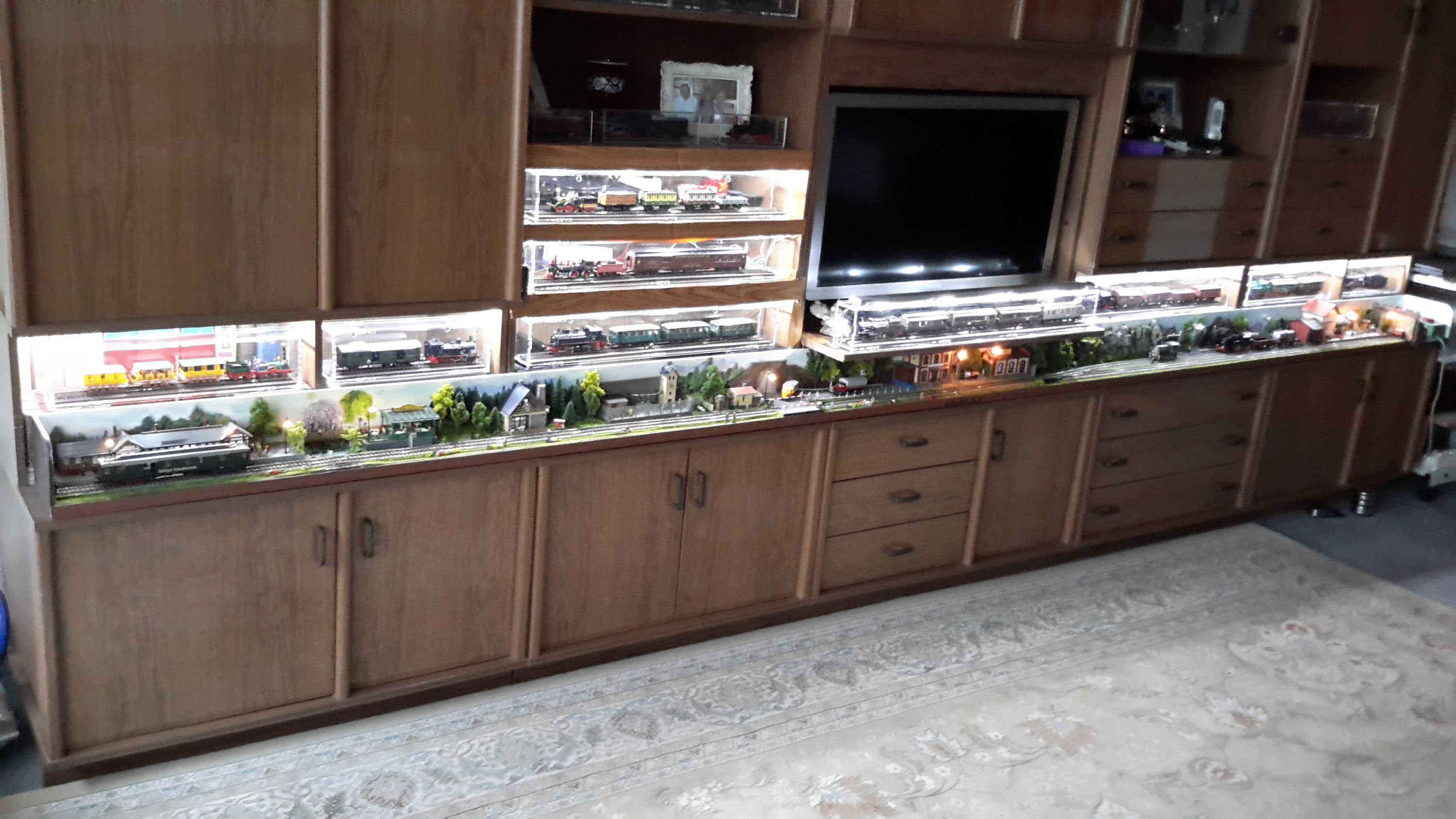 Kundenfoto: Modelleisenbahn-Sammlung mit Lokomotiven und Waggons in einer sora-Vitrinenanlage im Wohnzimmer